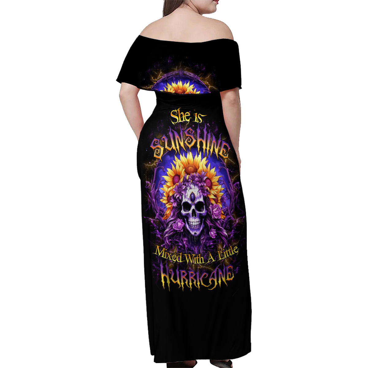 Sunflower Skull Family Matching Off Shoulder Maxi Dress and Hawaiian Shirt She Is Sunshine Mixed With A Little Hurricane - Wonder Print Shop