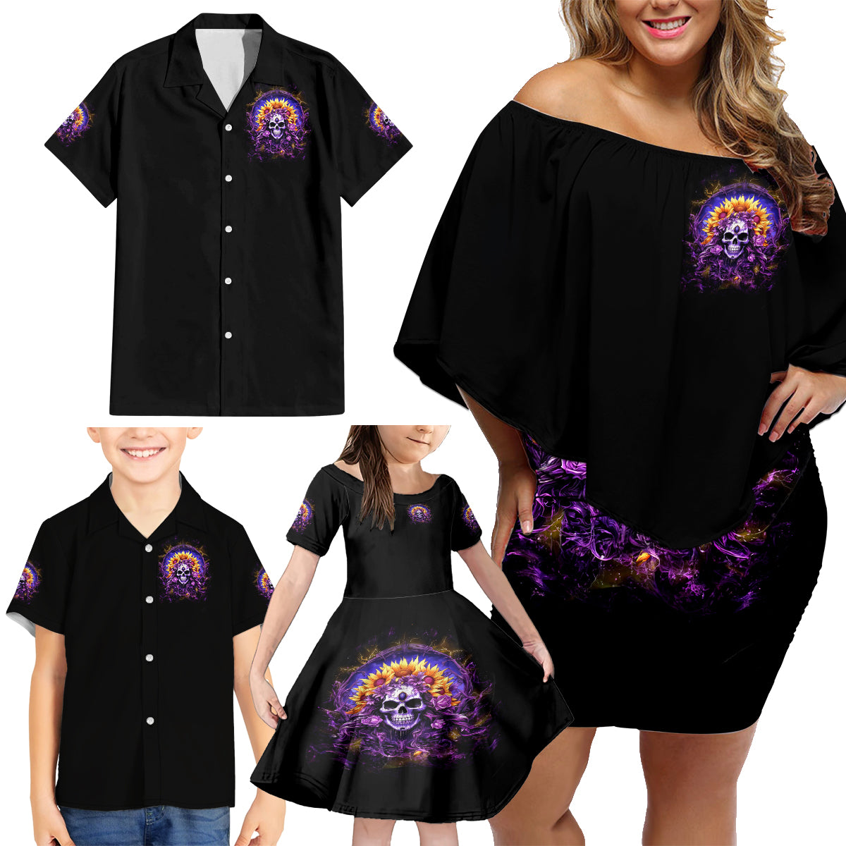 Sunflower Skull Family Matching Off Shoulder Short Dress and Hawaiian Shirt She Is Sunshine Mixed With A Little Hurricane - Wonder Print Shop