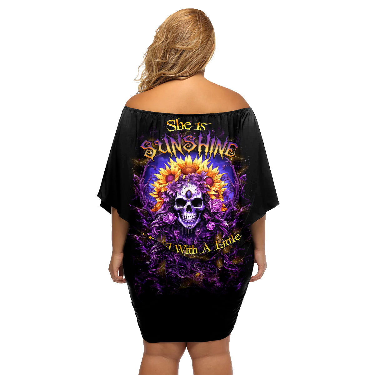 Sunflower Skull Family Matching Off Shoulder Short Dress and Hawaiian Shirt She Is Sunshine Mixed With A Little Hurricane - Wonder Print Shop
