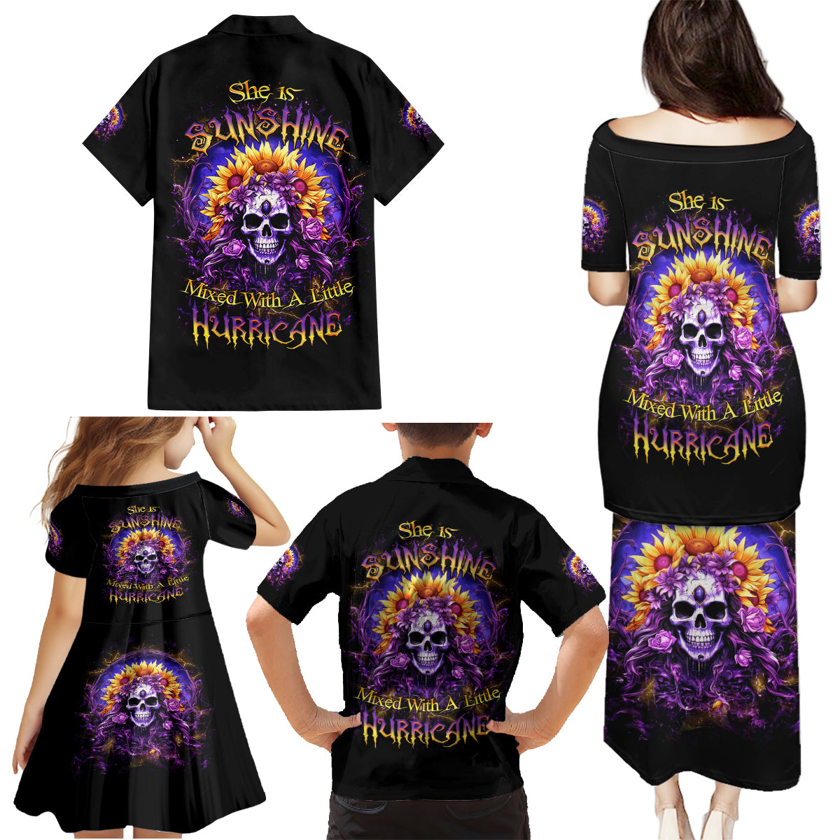 Sunflower Skull Family Matching Puletasi and Hawaiian Shirt She Is Sunshine Mixed With A Little Hurricane - Wonder Print Shop