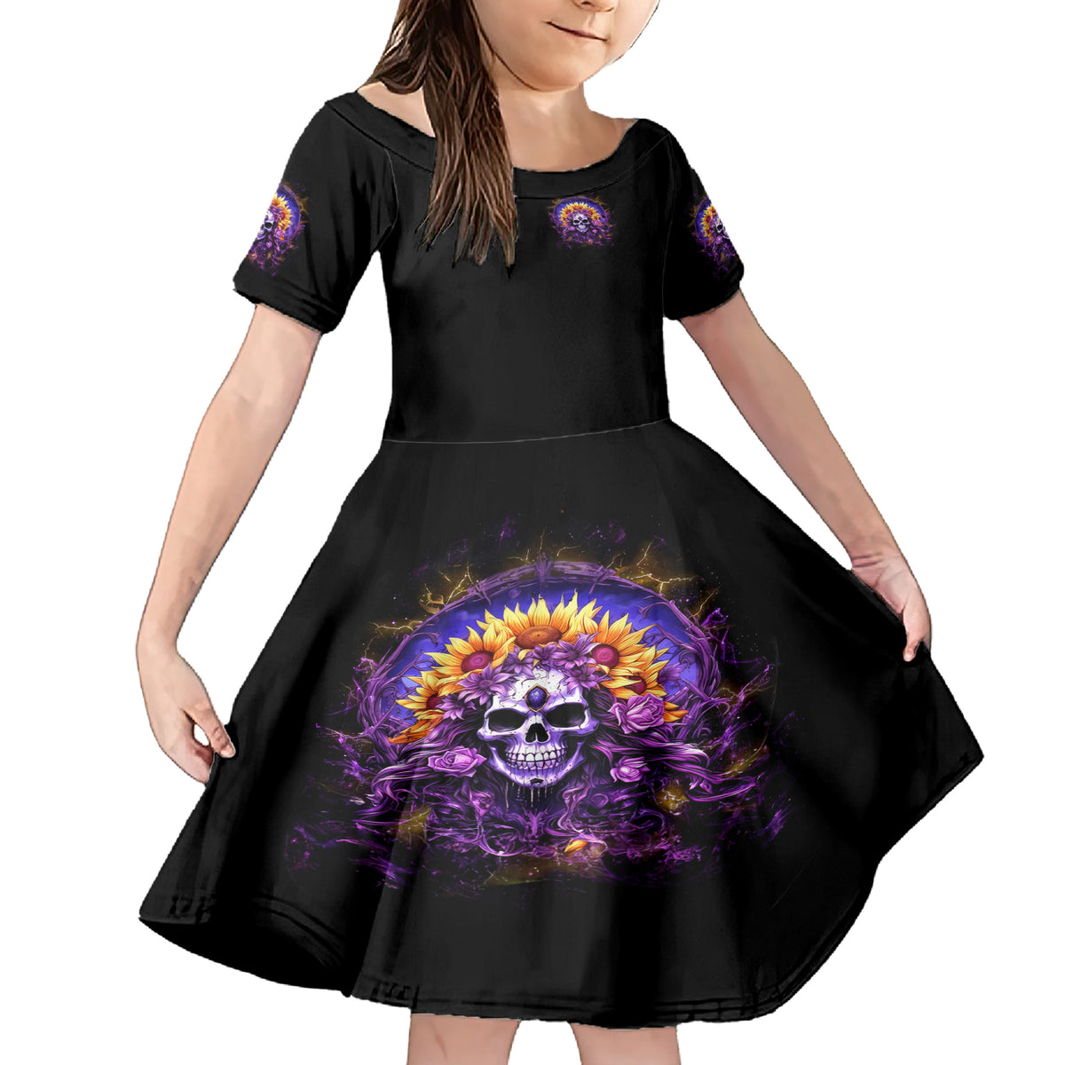 Sunflower Skull Family Matching Short Sleeve Bodycon Dress and Hawaiian Shirt She Is Sunshine Mixed With A Little Hurricane - Wonder Print Shop