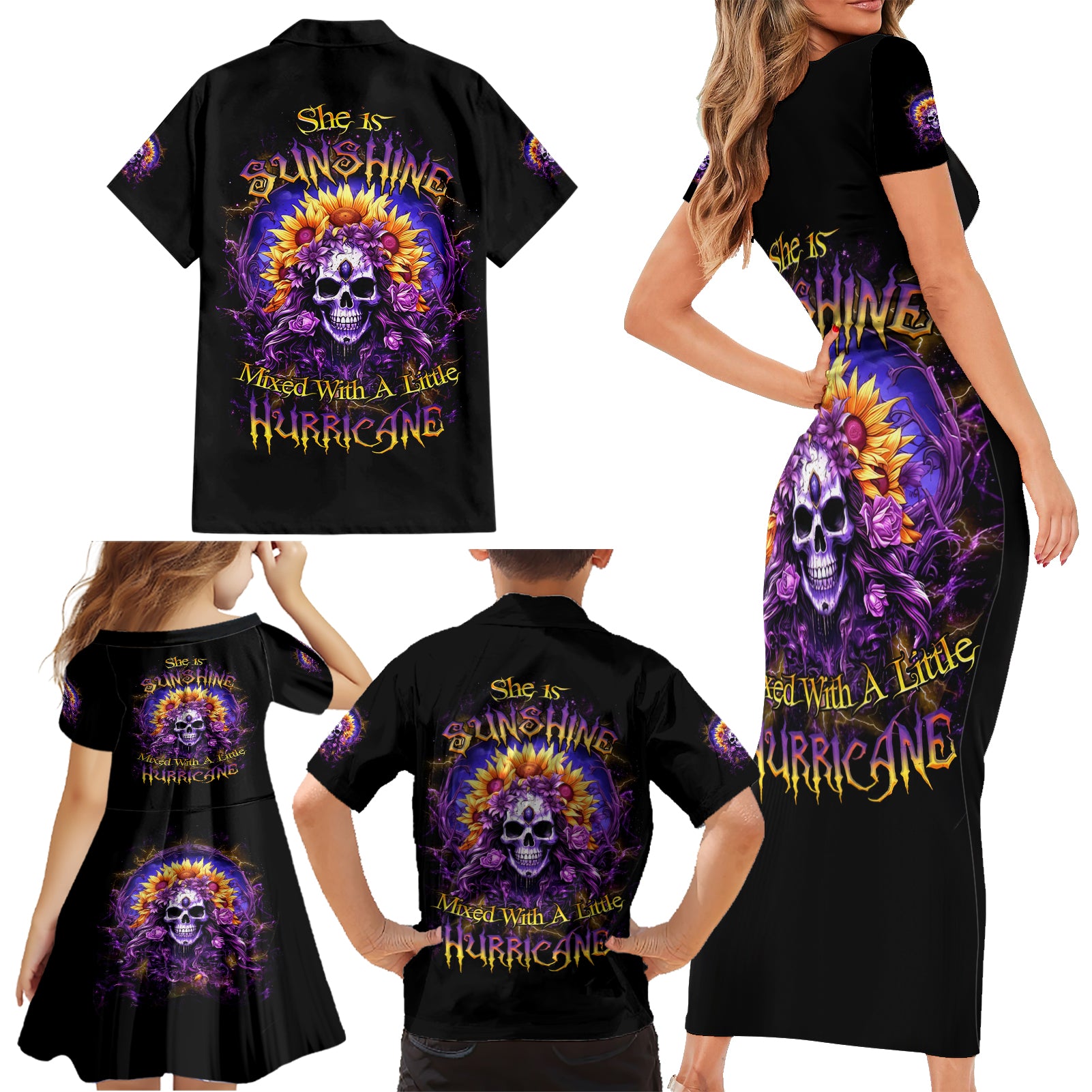 Sunflower Skull Family Matching Short Sleeve Bodycon Dress and Hawaiian Shirt She Is Sunshine Mixed With A Little Hurricane - Wonder Print Shop