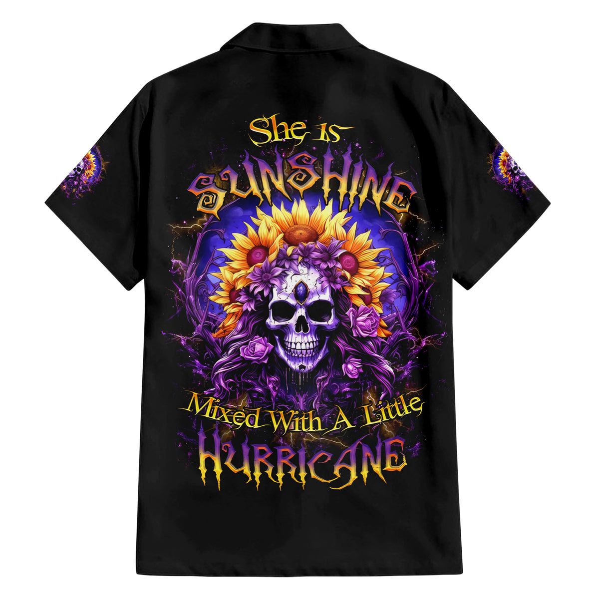Sunflower Skull Family Matching Short Sleeve Bodycon Dress and Hawaiian Shirt She Is Sunshine Mixed With A Little Hurricane - Wonder Print Shop