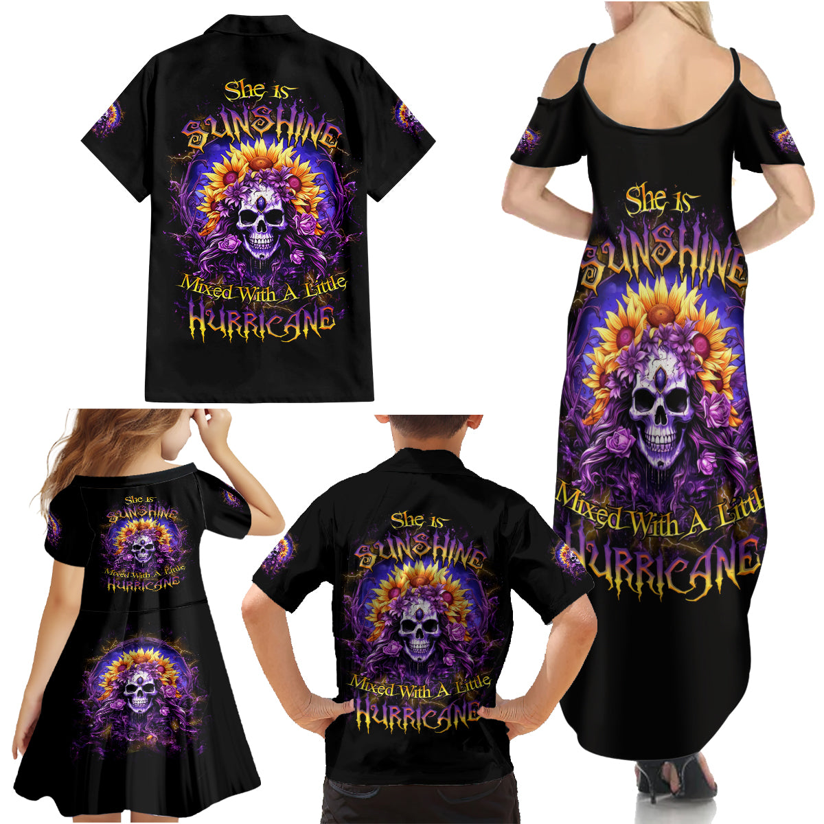 Sunflower Skull Family Matching Summer Maxi Dress and Hawaiian Shirt She Is Sunshine Mixed With A Little Hurricane - Wonder Print Shop