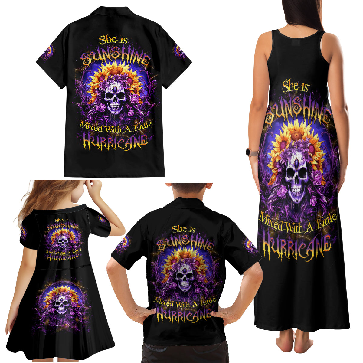 Sunflower Skull Family Matching Tank Maxi Dress and Hawaiian Shirt She Is Sunshine Mixed With A Little Hurricane - Wonder Print Shop