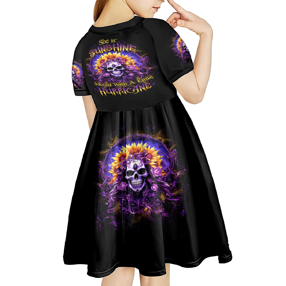 Sunflower Skull Kid Short Sleeve Dress She Is Sunshine Mixed With A Little Hurricane - Wonder Print Shop