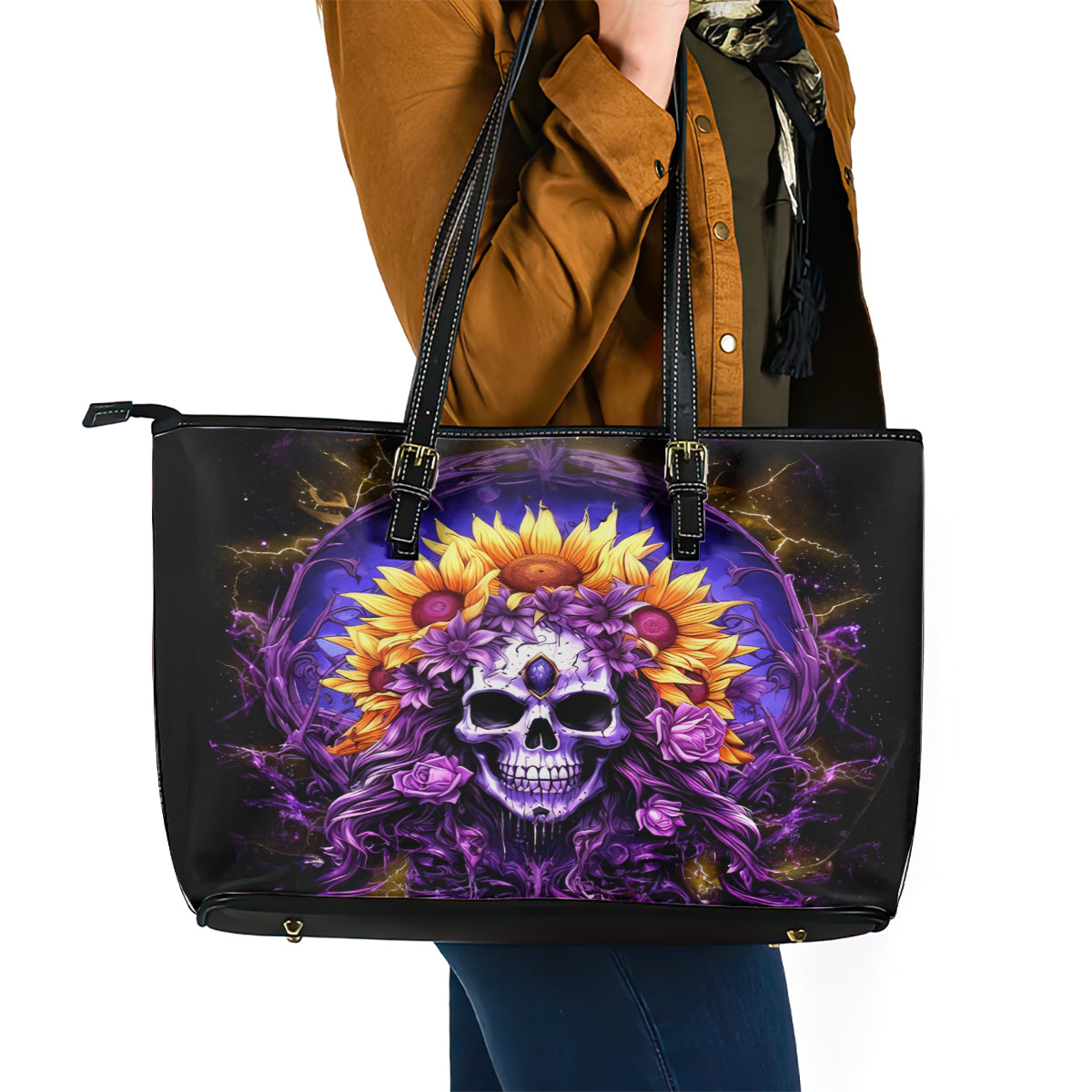Sunflower Skull Leather Tote Bag She Is Sunshine Mixed With A Little Hurricane - Wonder Print Shop