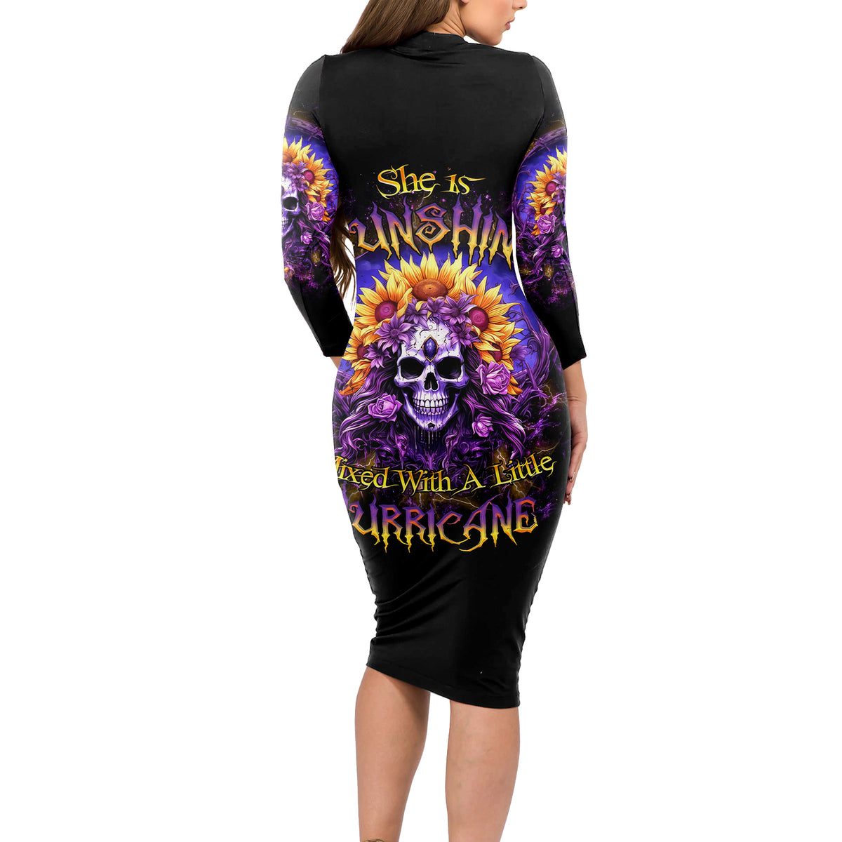 Sunflower Skull Long Sleeve Bodycon Dress She Is Sunshine Mixed With A Little Hurricane - Wonder Print Shop
