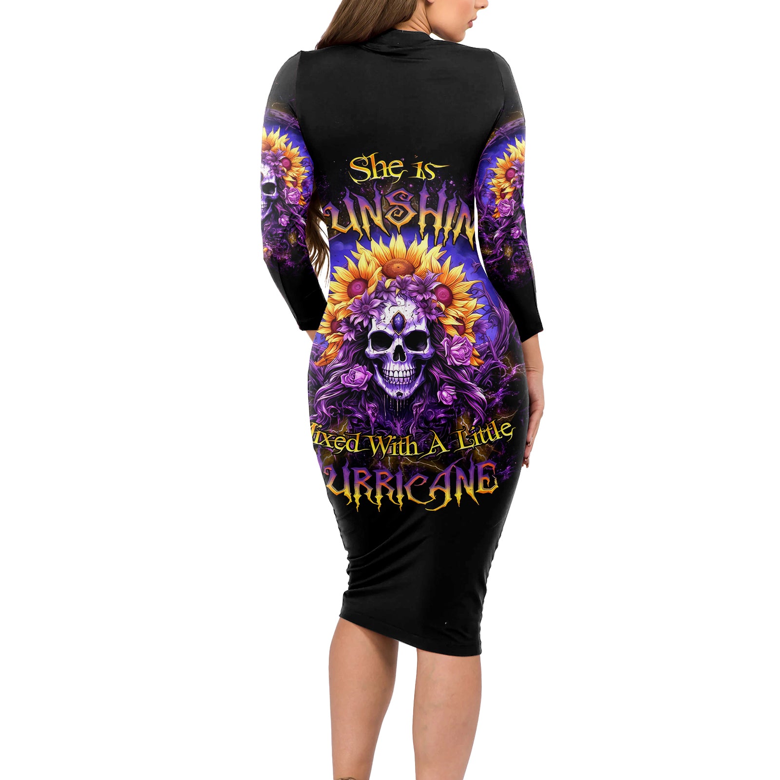 Sunflower Skull Long Sleeve Bodycon Dress She Is Sunshine Mixed With A Little Hurricane - Wonder Print Shop