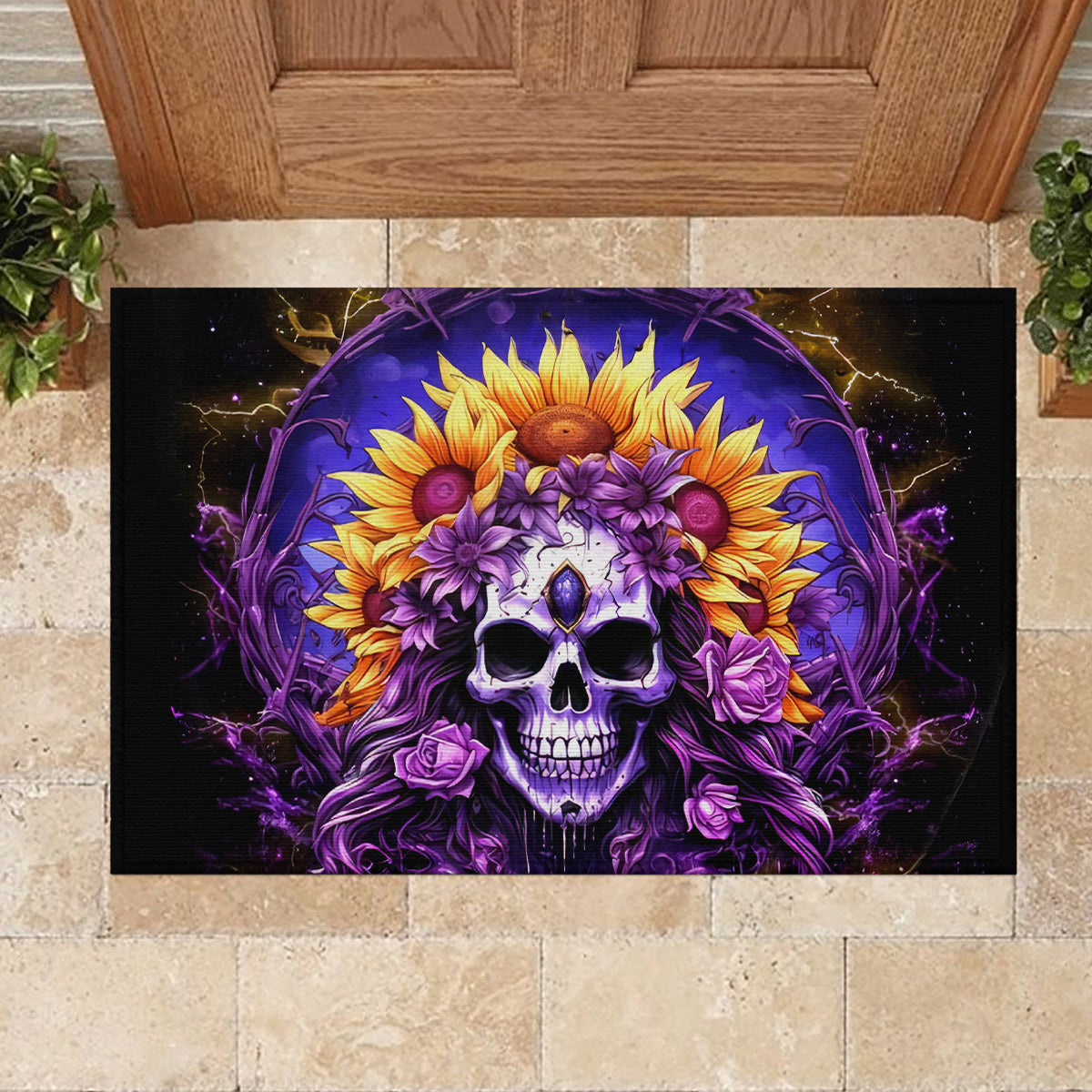 Sunflower Skull Rubber Doormat She Is Sunshine Mixed With A Little Hurricane - Wonder Print Shop