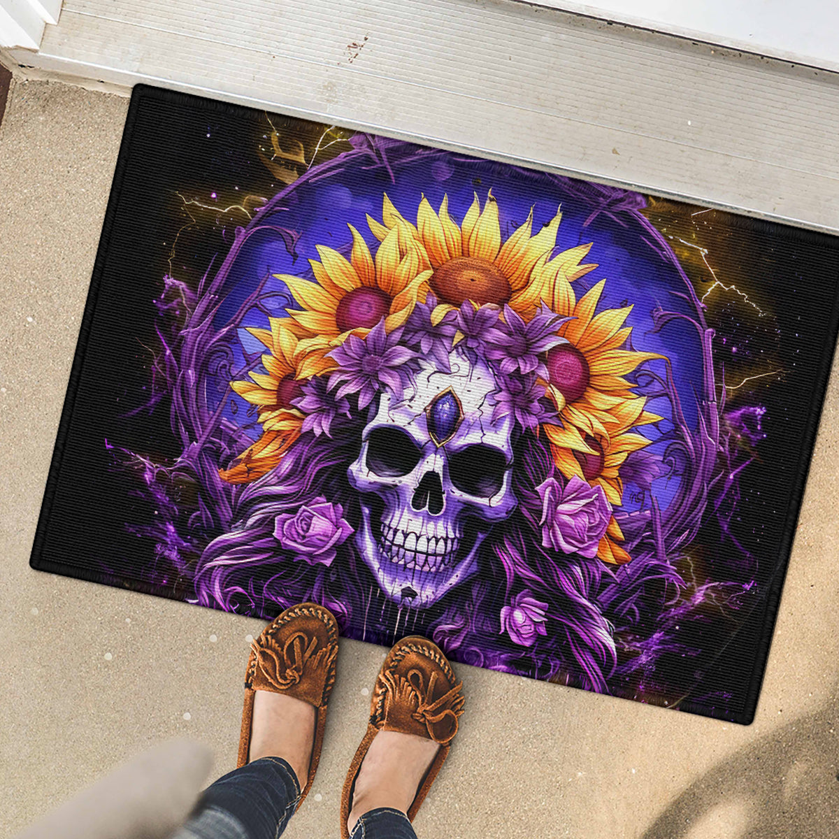 Sunflower Skull Rubber Doormat She Is Sunshine Mixed With A Little Hurricane - Wonder Print Shop