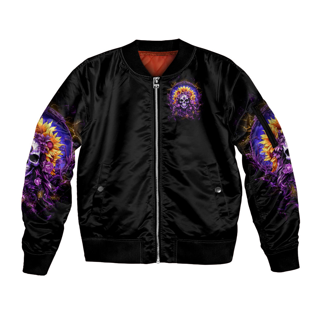 Sunflower Skull Sleeve Zip Bomber Jacket She Is Sunshine Mixed With A Little Hurricane - Wonder Print Shop