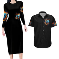 Flame Skull Couples Matching Long Sleeve Bodycon Dress and Hawaiian Shirt When I Was Born The Devil Said Ohh Shit Competition - Wonder Print Shop