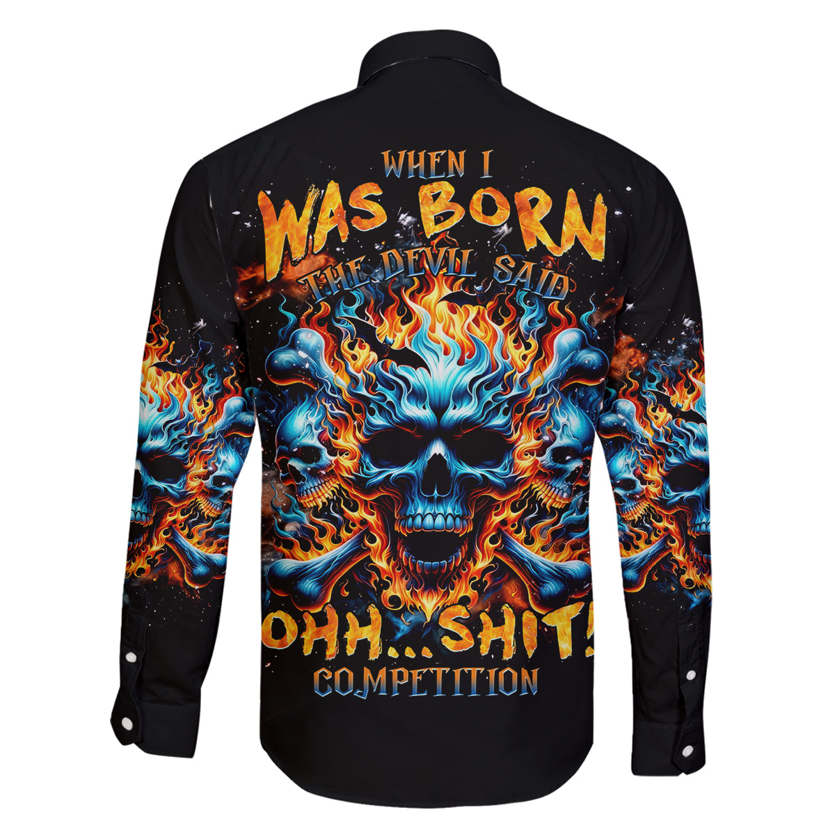 Flame Skull Family Matching Long Sleeve Bodycon Dress and Hawaiian Shirt When I Was Born The Devil Said Ohh Shit Competition - Wonder Print Shop