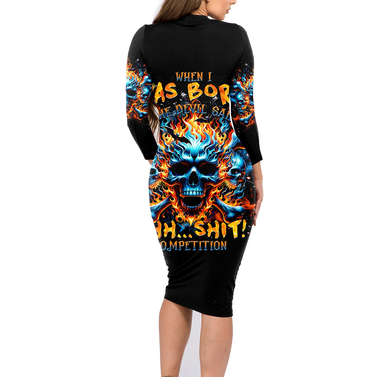 Flame Skull Family Matching Long Sleeve Bodycon Dress and Hawaiian Shirt When I Was Born The Devil Said Ohh Shit Competition - Wonder Print Shop
