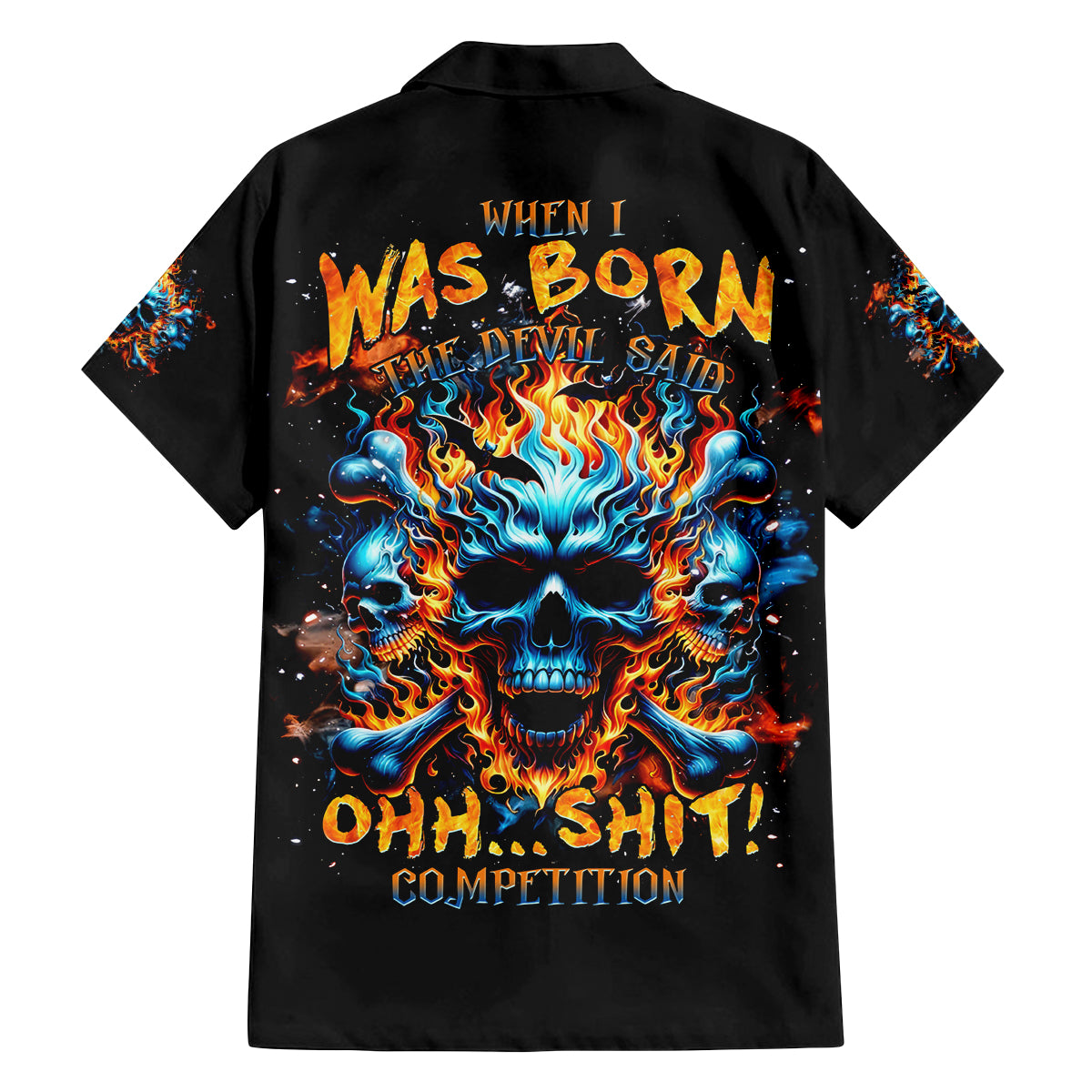 Flame Skull Family Matching Off Shoulder Maxi Dress and Hawaiian Shirt When I Was Born The Devil Said Ohh Shit Competition - Wonder Print Shop