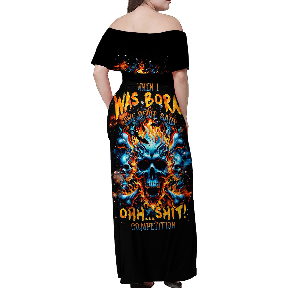 Flame Skull Family Matching Off Shoulder Maxi Dress and Hawaiian Shirt When I Was Born The Devil Said Ohh Shit Competition - Wonder Print Shop