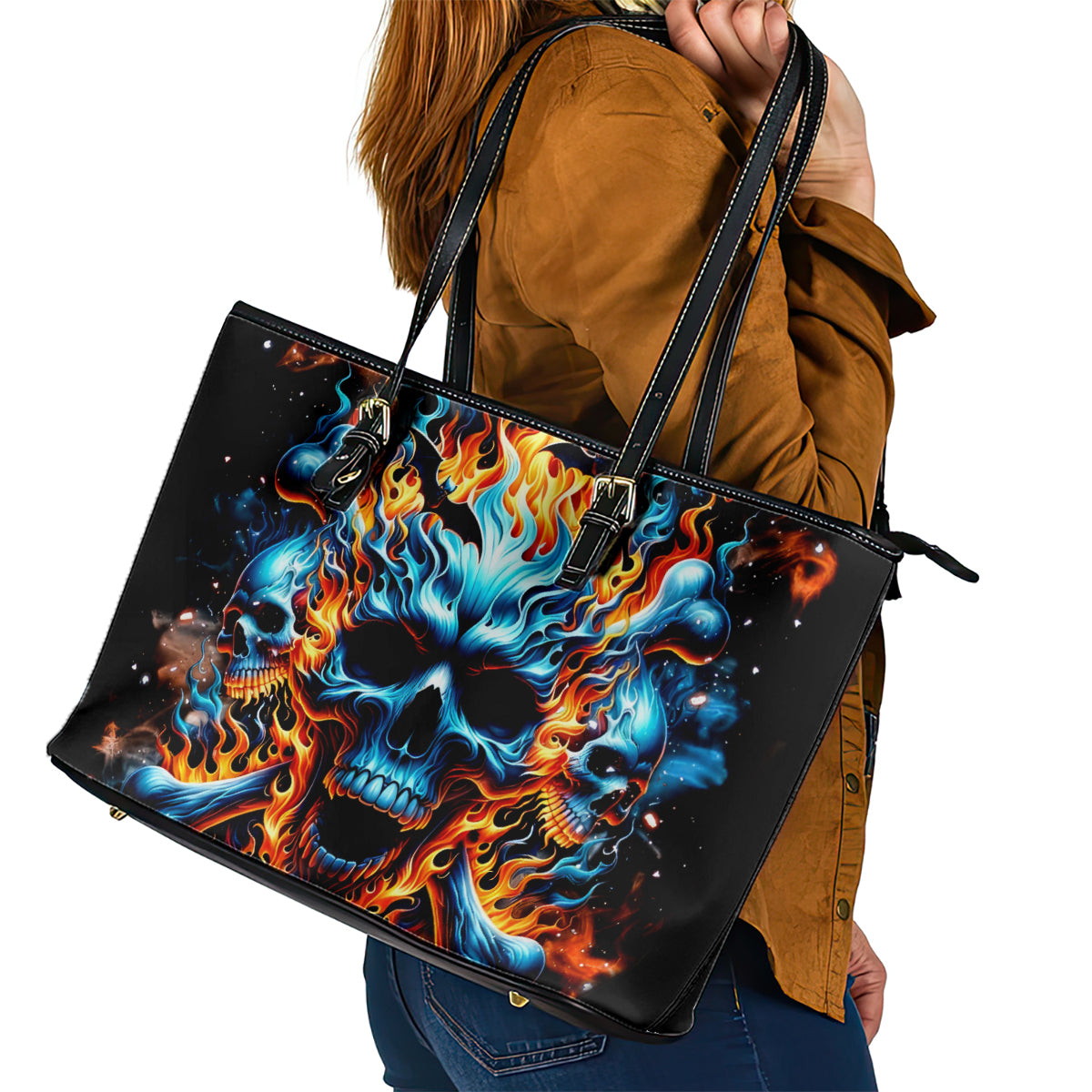 Flame Skull Leather Tote Bag When I Was Born The Devil Said Ohh Shit Competition - Wonder Print Shop