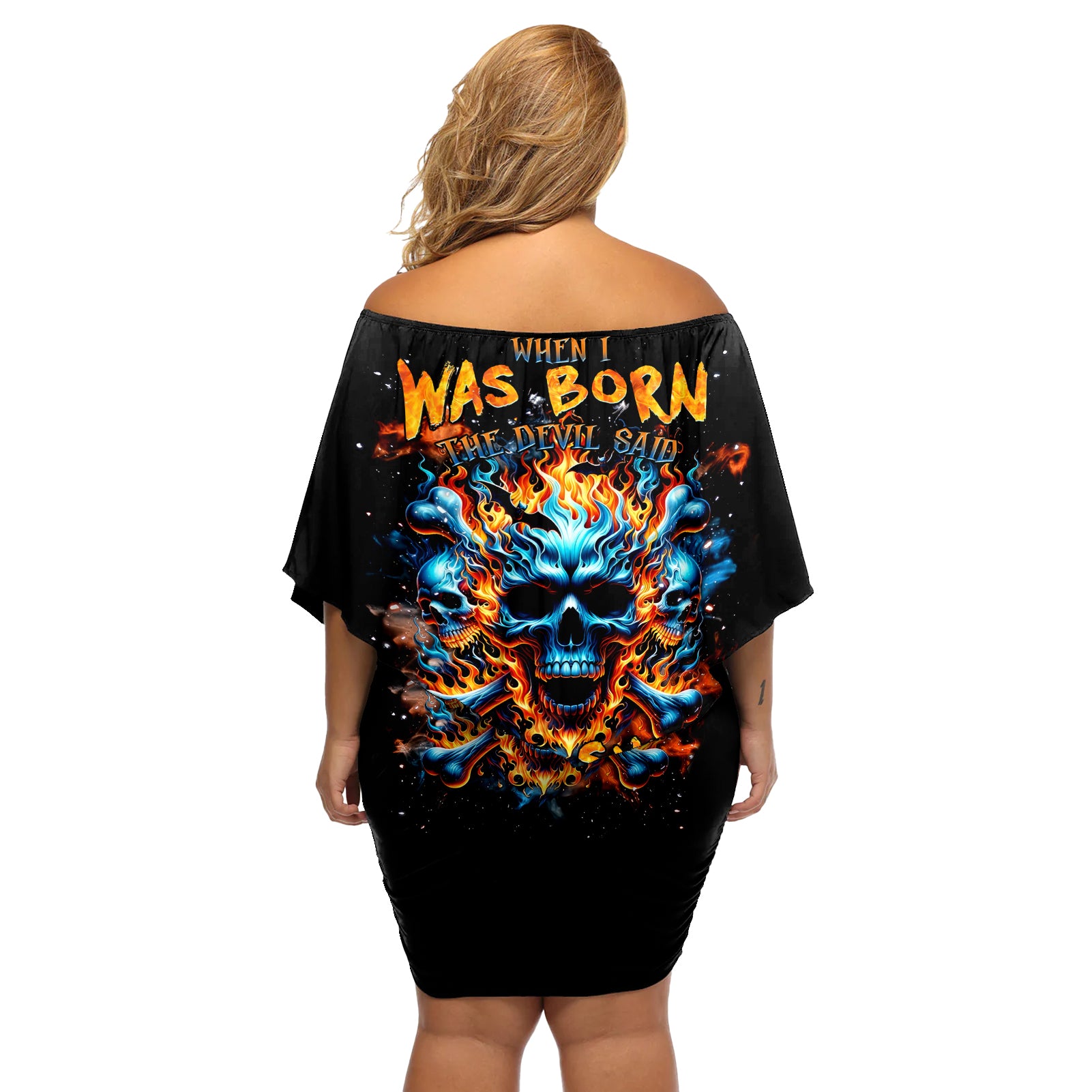 Flame Skull Off Shoulder Short Dress When I Was Born The Devil Said Ohh Shit Competition - Wonder Print Shop