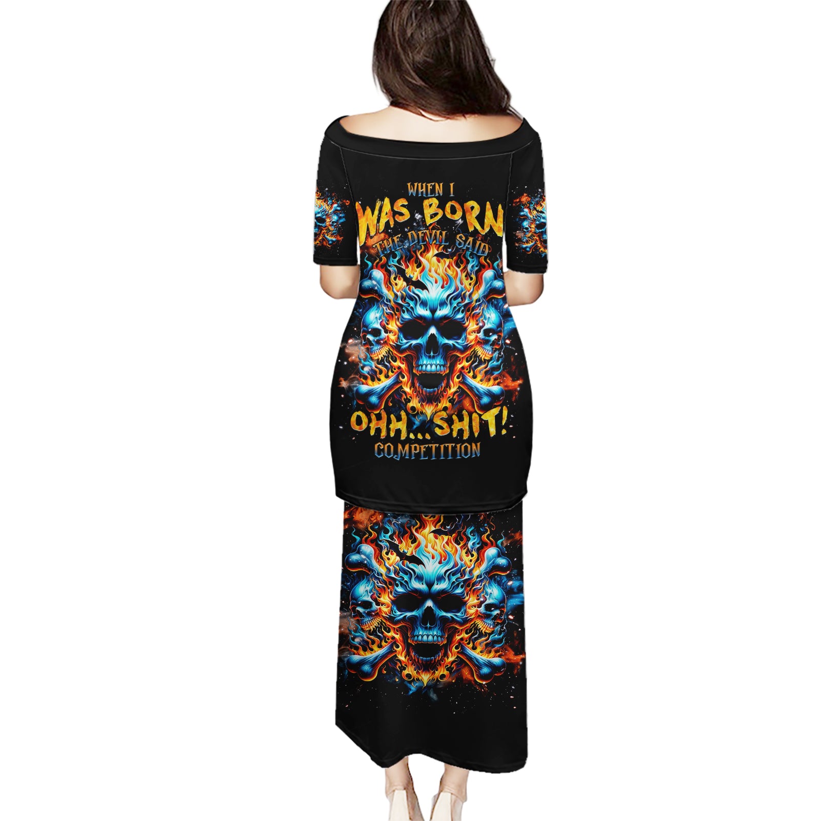 Flame Skull Puletasi When I Was Born The Devil Said Ohh Shit Competition - Wonder Print Shop