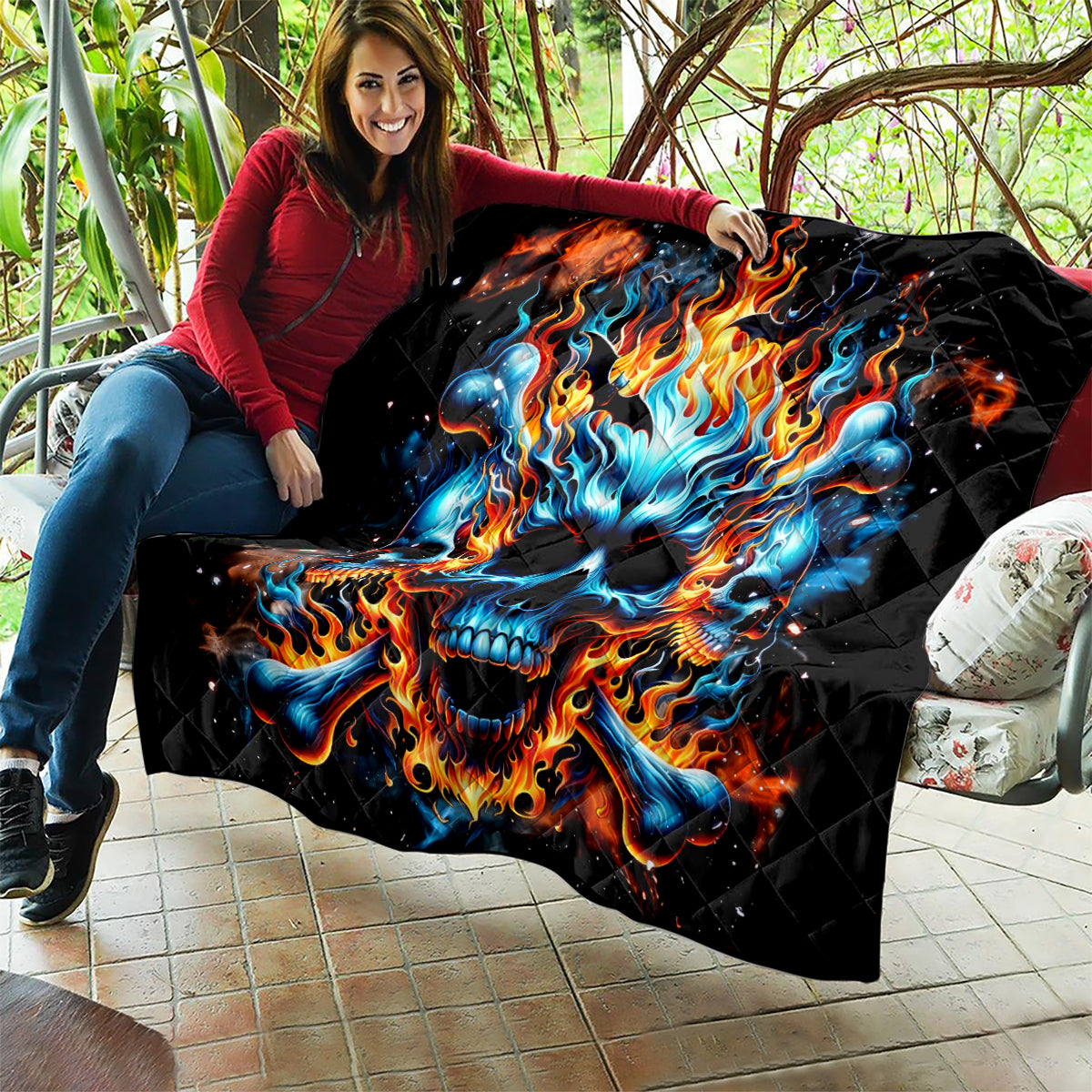 Flame Skull Quilt When I Was Born The Devil Said Ohh Shit Competition - Wonder Print Shop