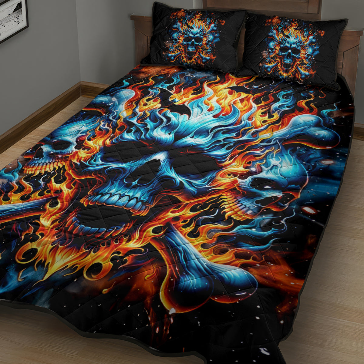Flame Skull Quilt Bed Set When I Was Born The Devil Said Ohh Shit Competition - Wonder Print Shop