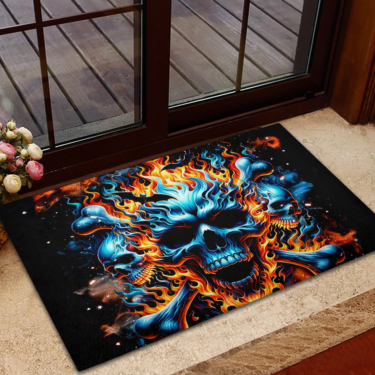 Flame Skull Rubber Doormat When I Was Born The Devil Said Ohh Shit Competition - Wonder Print Shop