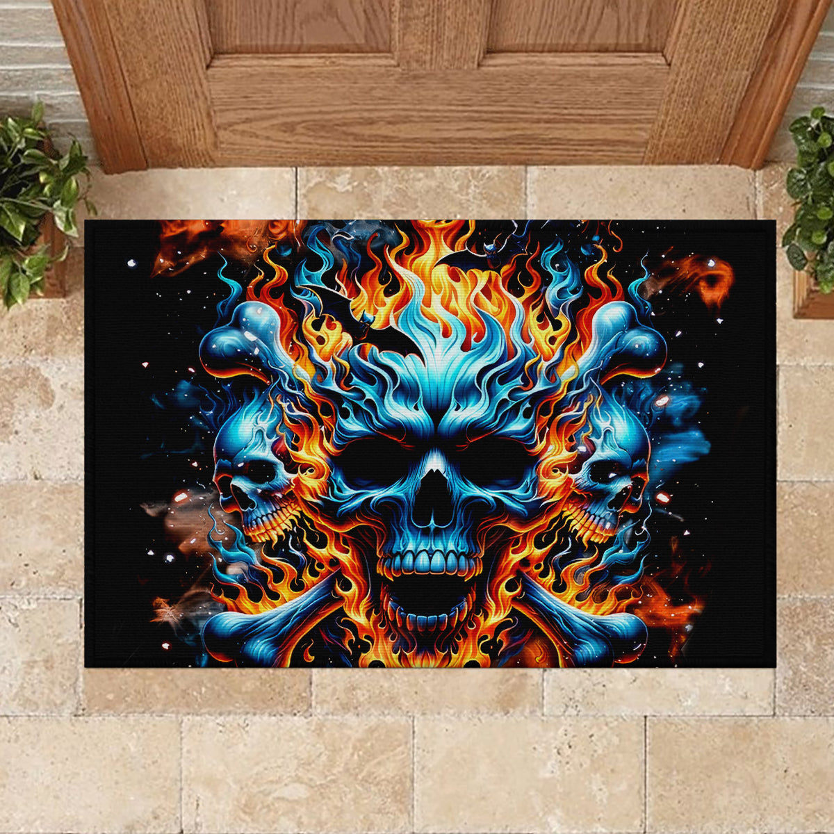 Flame Skull Rubber Doormat When I Was Born The Devil Said Ohh Shit Competition - Wonder Print Shop