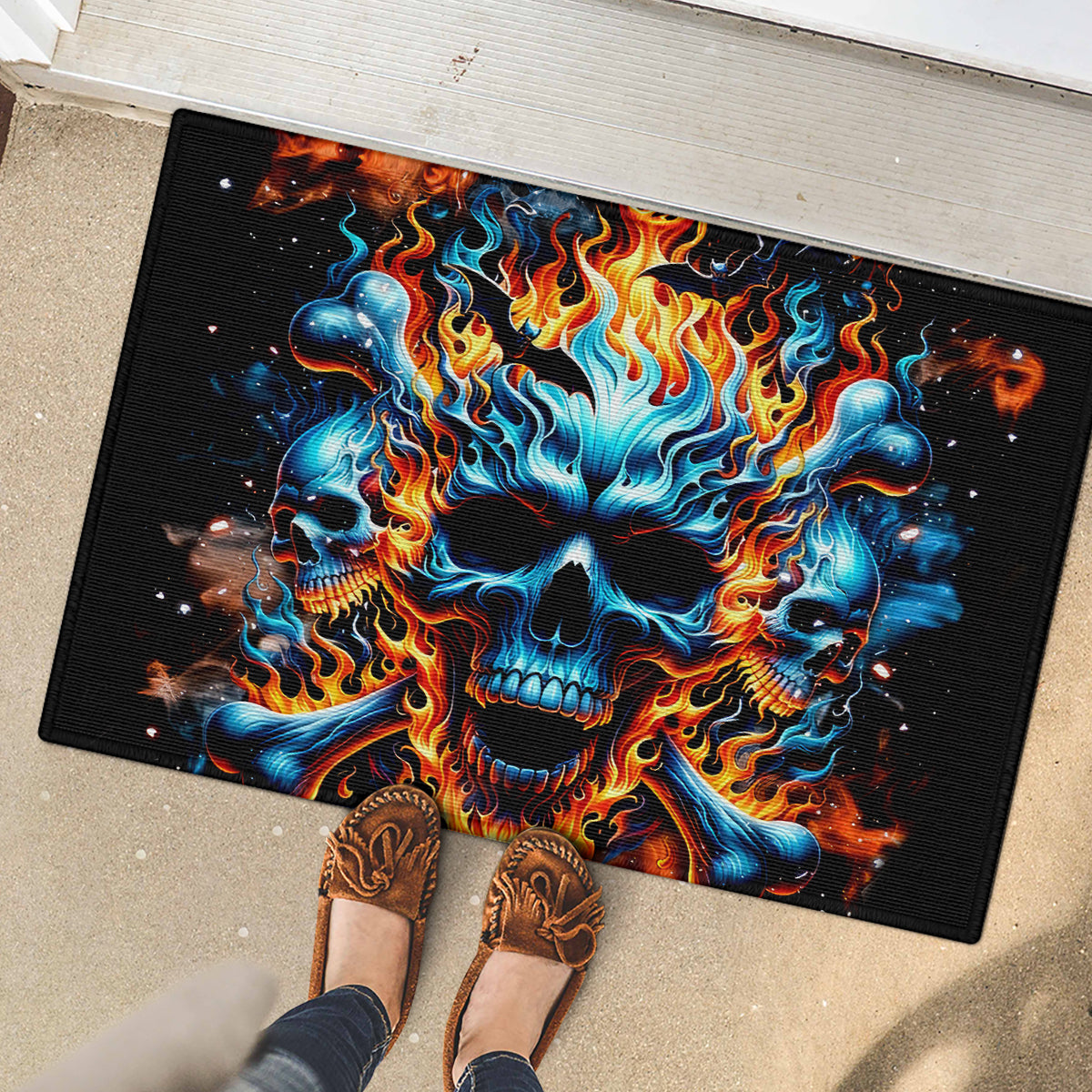 Flame Skull Rubber Doormat When I Was Born The Devil Said Ohh Shit Competition - Wonder Print Shop