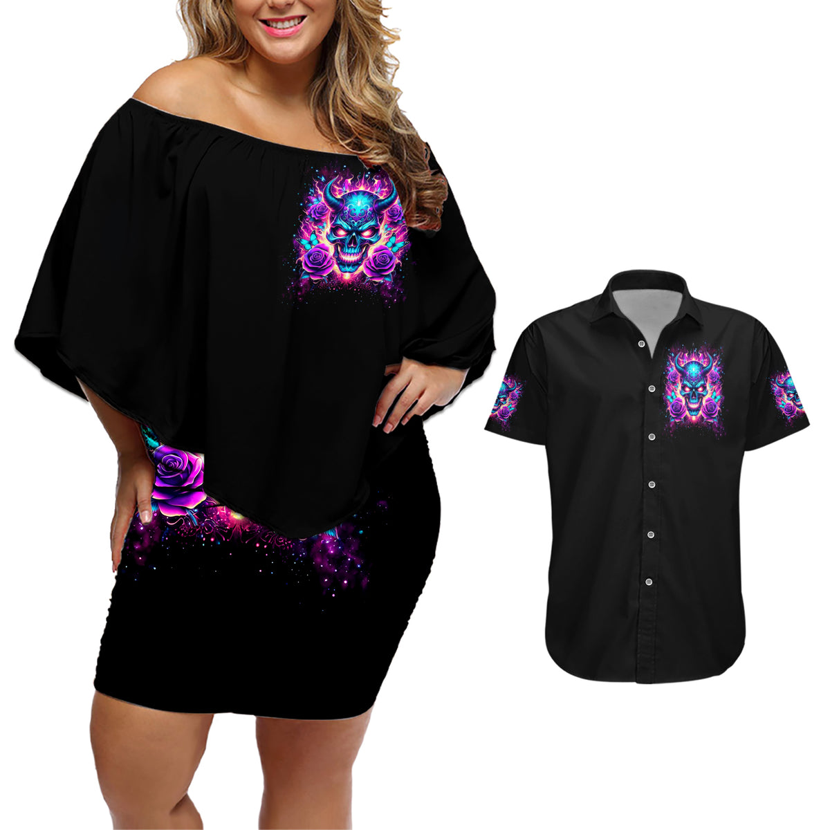 Thunder Skull Couples Matching Off Shoulder Short Dress and Hawaiian Shirt Love Me Like My Demons Do - Wonder Print Shop