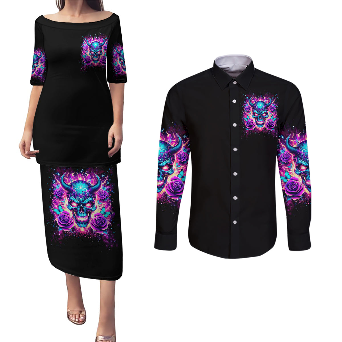 Thunder Skull Couples Matching Puletasi and Long Sleeve Button Shirt Love Me Like My Demons Do - Wonder Print Shop