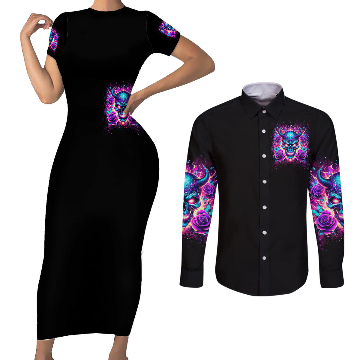 Thunder Skull Couples Matching Short Sleeve Bodycon Dress and Long Sleeve Button Shirt Love Me Like My Demons Do - Wonder Print Shop