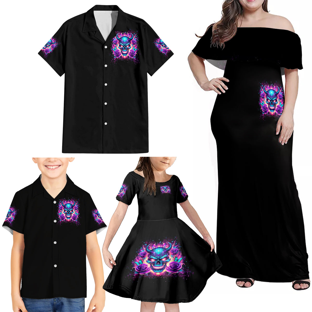 Thunder Skull Family Matching Off Shoulder Maxi Dress and Hawaiian Shirt Love Me Like My Demons Do - Wonder Print Shop