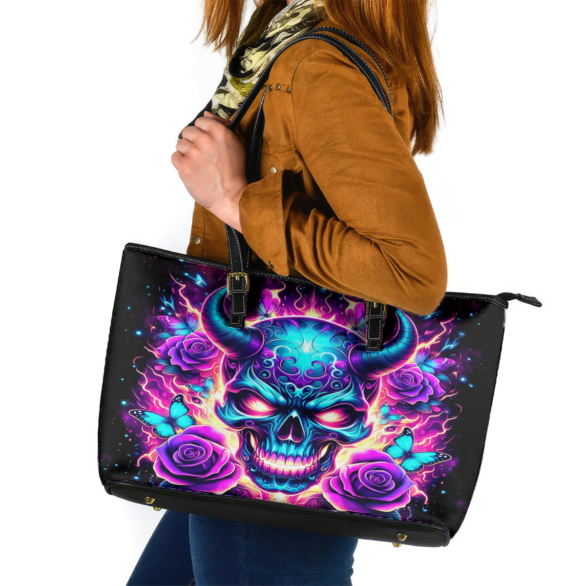 Thunder Skull Leather Tote Bag Love Me Like My Demons Do - Wonder Print Shop