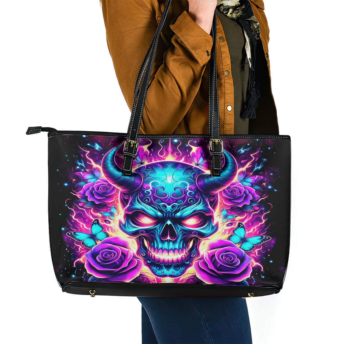 Thunder Skull Leather Tote Bag Love Me Like My Demons Do - Wonder Print Shop