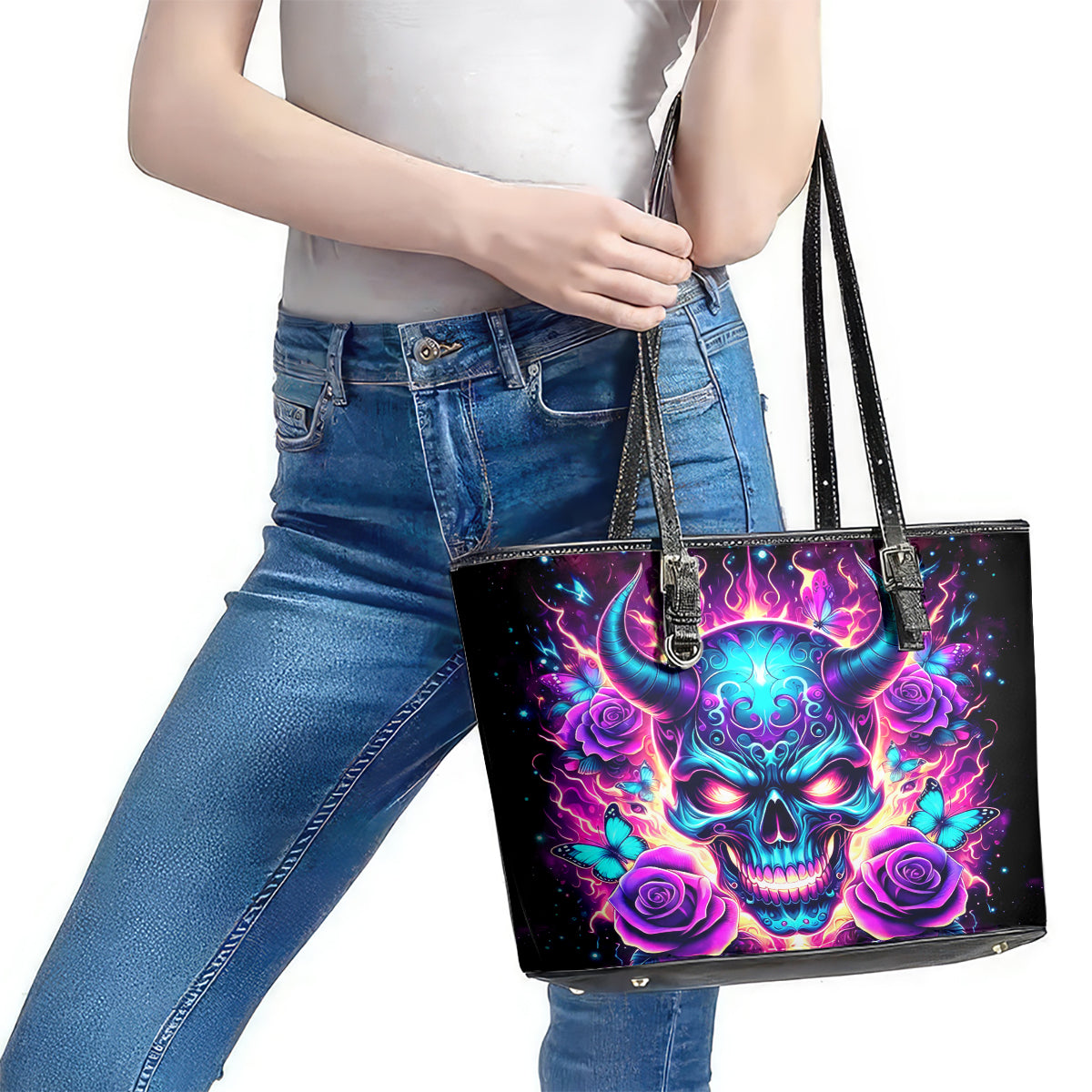 Thunder Skull Leather Tote Bag Love Me Like My Demons Do - Wonder Print Shop