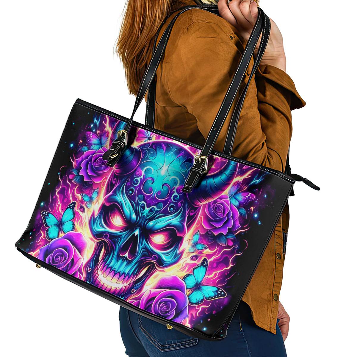 Thunder Skull Leather Tote Bag Love Me Like My Demons Do - Wonder Print Shop