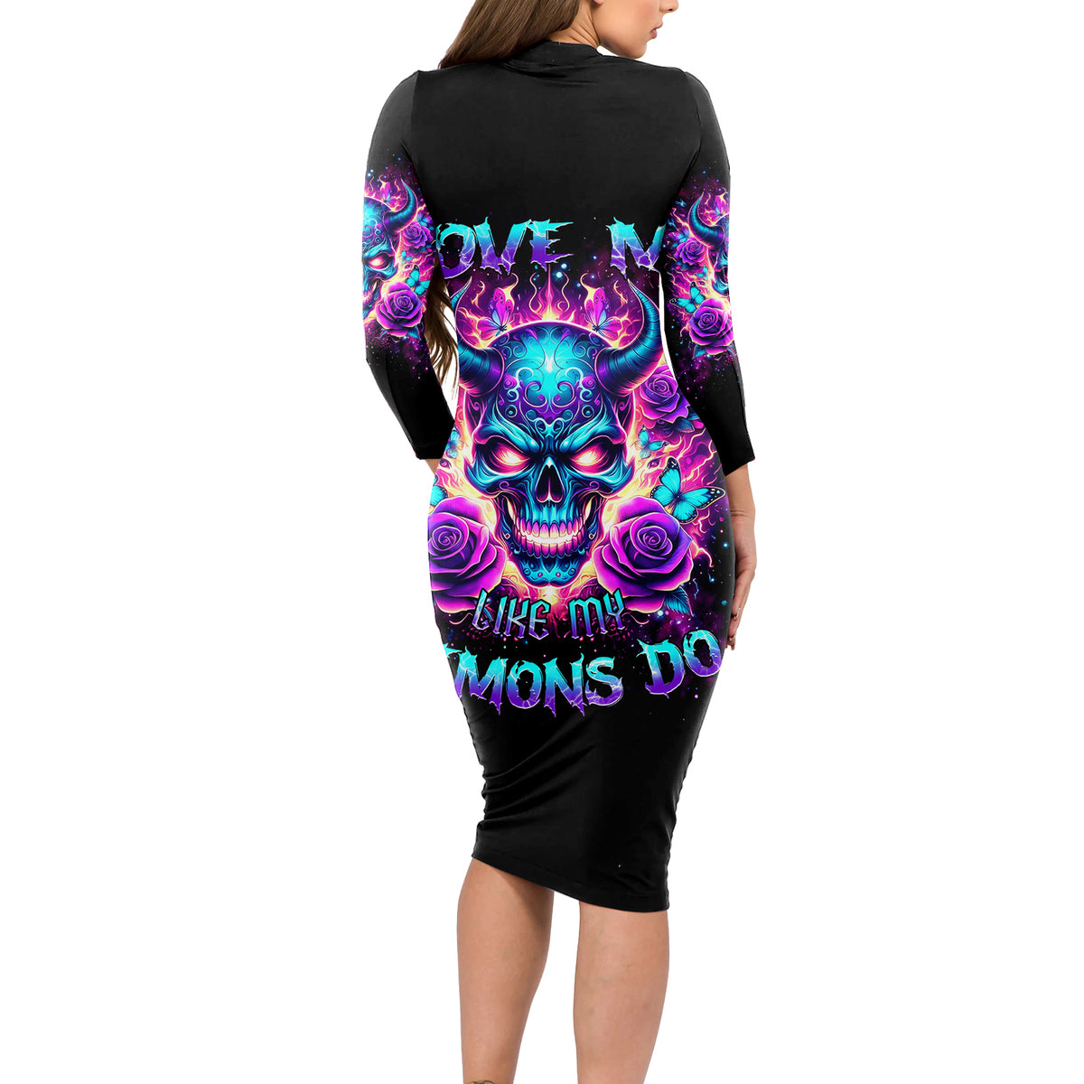 Thunder Skull Long Sleeve Bodycon Dress Love Me Like My Demons Do - Wonder Print Shop