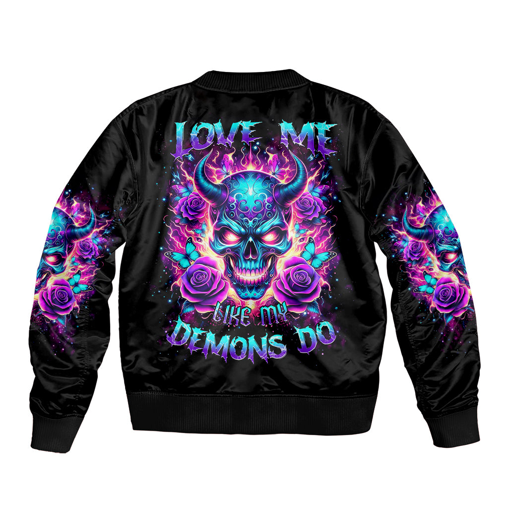 Thunder Skull Sleeve Zip Bomber Jacket Love Me Like My Demons Do - Wonder Print Shop