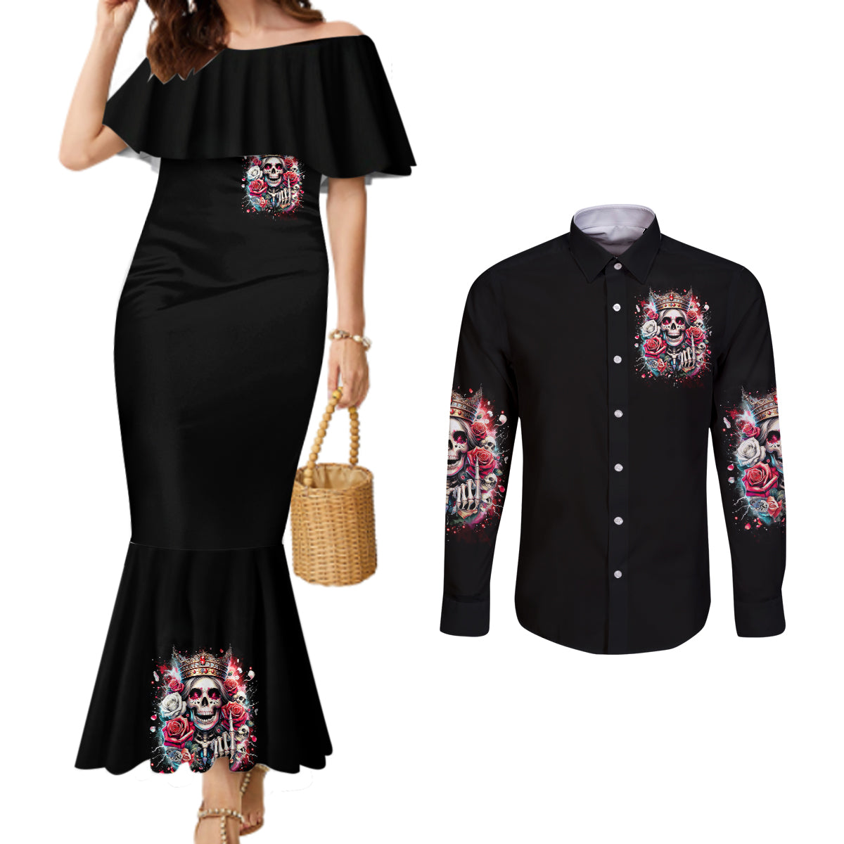 Queen Skull Couples Matching Mermaid Dress and Long Sleeve Button Shirt Bitch I'm Not A Princess I'm The Fucking Queen