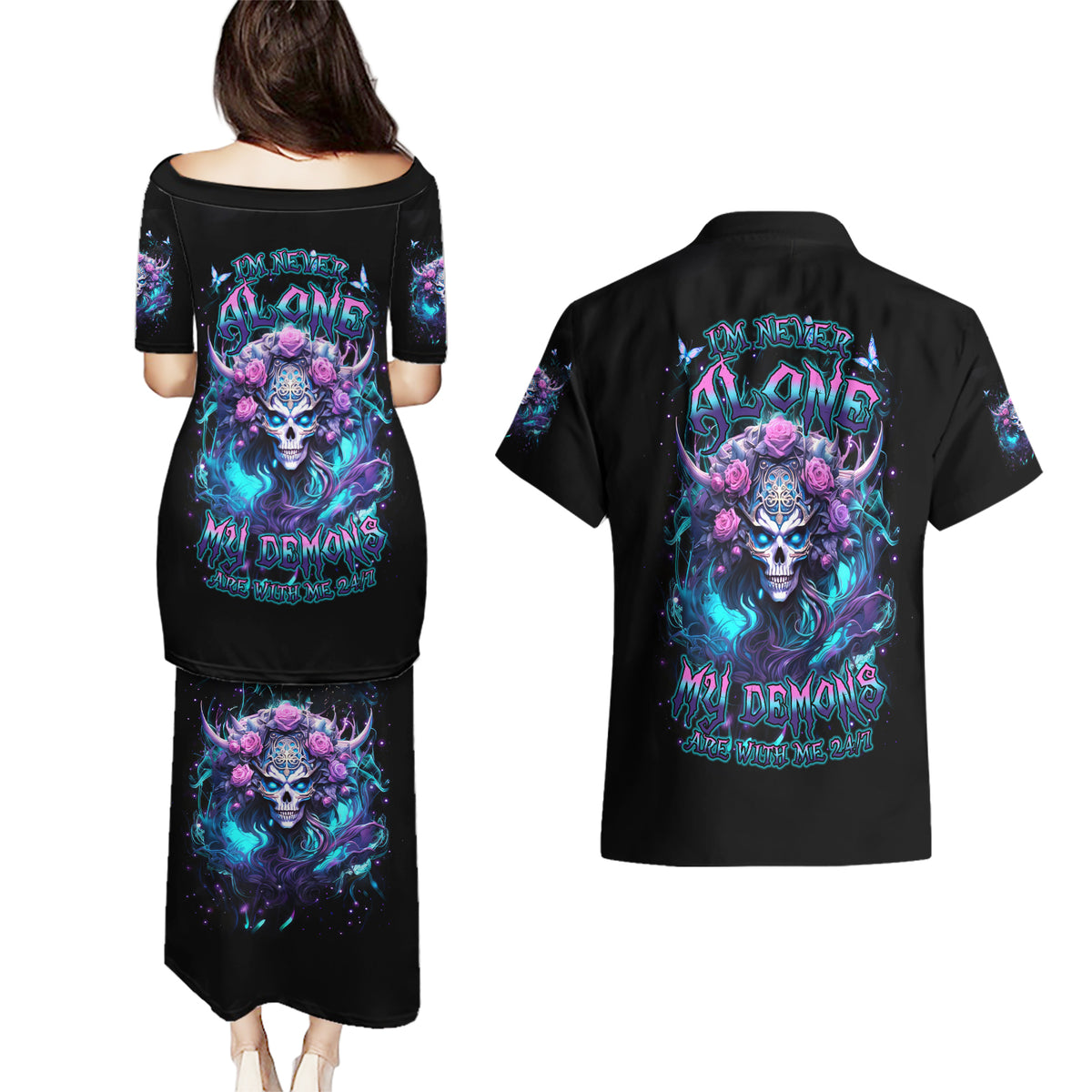 Rose Skull Couples Matching Puletasi and Hawaiian Shirt I'm Never Alone My Demons Are With Me 24/7 - Wonder Print Shop