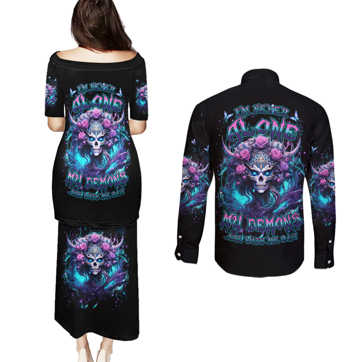 Rose Skull Couples Matching Puletasi and Long Sleeve Button Shirt I'm Never Alone My Demons Are With Me 24/7 - Wonder Print Shop