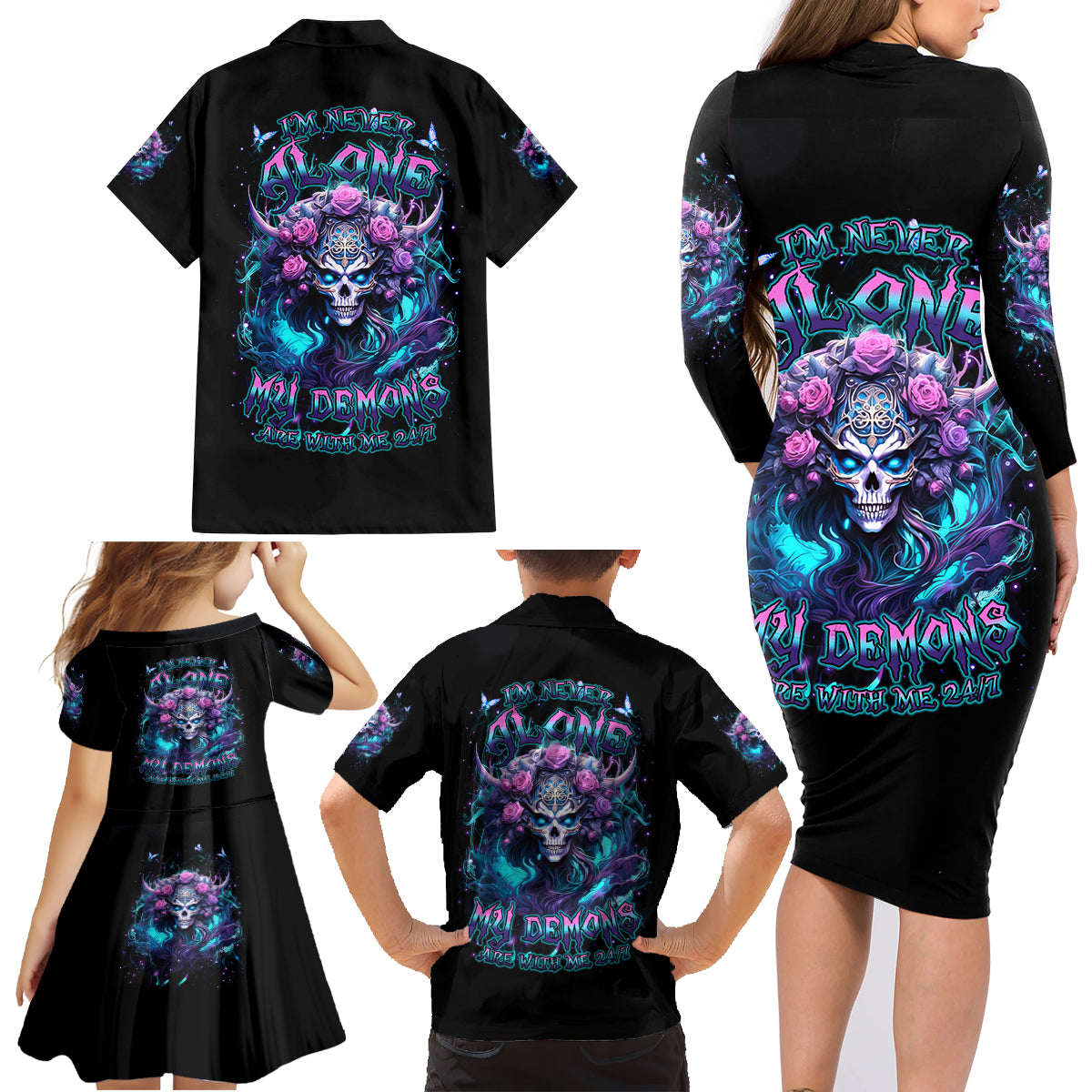 Rose Skull Family Matching Long Sleeve Bodycon Dress and Hawaiian Shirt I'm Never Alone My Demons Are With Me 24/7 - Wonder Print Shop