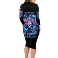 Rose Skull Family Matching Long Sleeve Bodycon Dress and Hawaiian Shirt I'm Never Alone My Demons Are With Me 24/7 - Wonder Print Shop