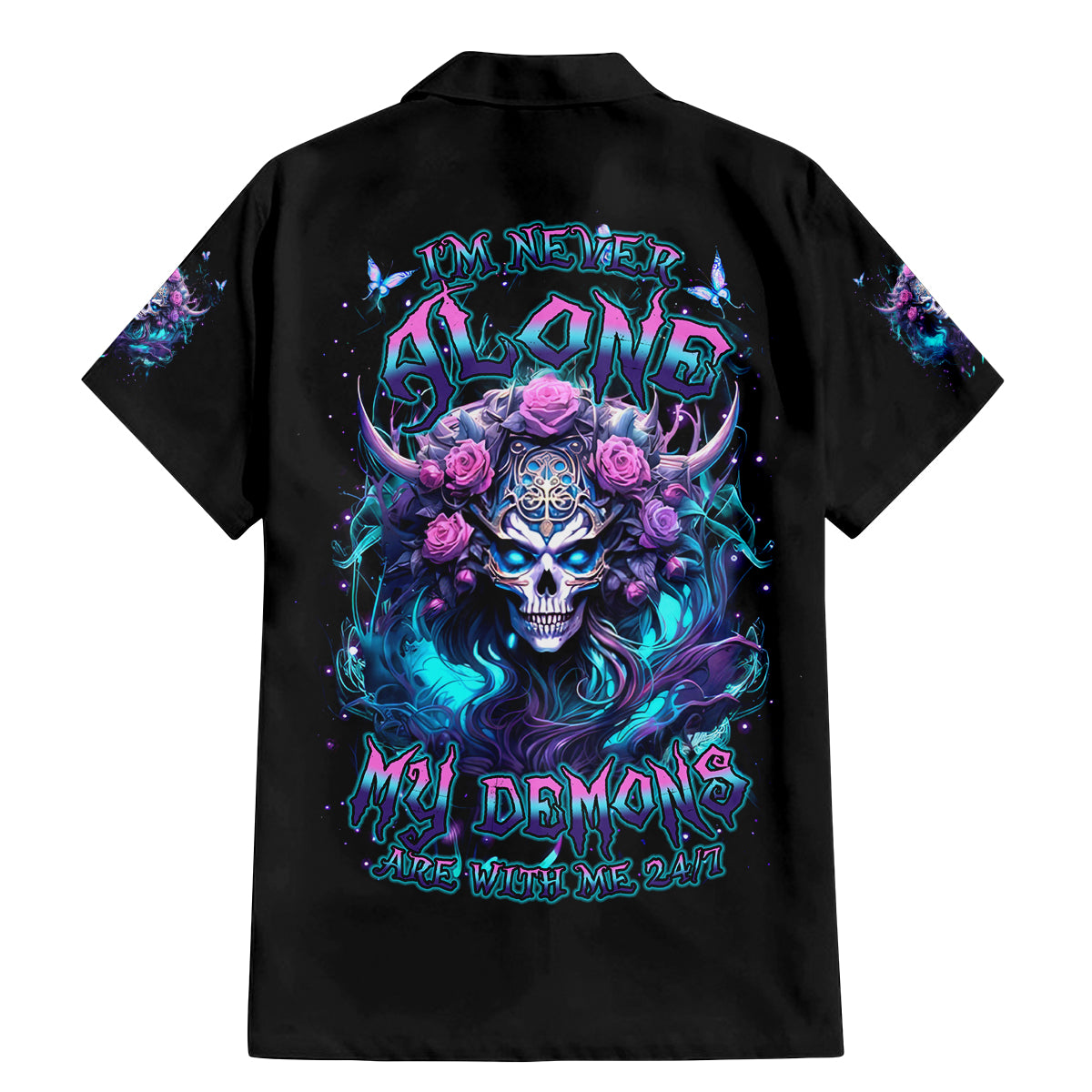 Rose Skull Family Matching Mermaid Dress and Hawaiian Shirt I'm Never Alone My Demons Are With Me 24/7 - Wonder Print Shop