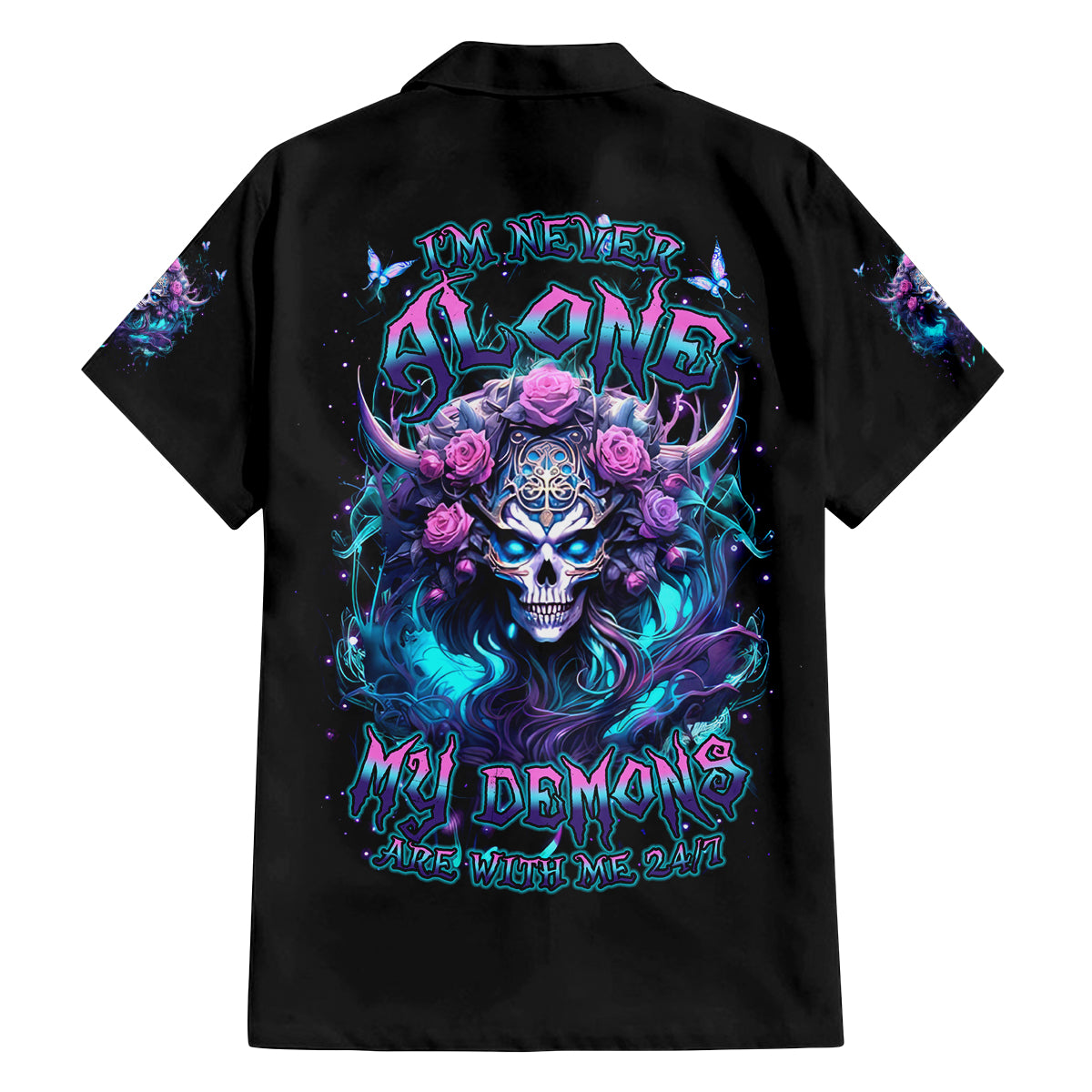 Rose Skull Family Matching Off Shoulder Long Sleeve Dress and Hawaiian Shirt I'm Never Alone My Demons Are With Me 24/7 - Wonder Print Shop