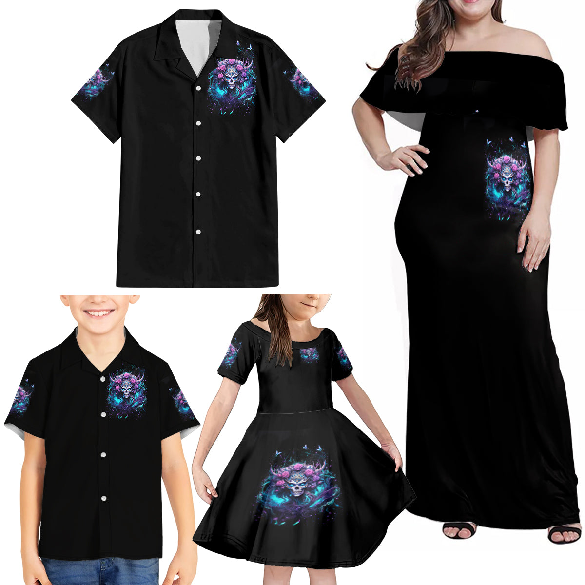 Rose Skull Family Matching Off Shoulder Maxi Dress and Hawaiian Shirt I'm Never Alone My Demons Are With Me 24/7 - Wonder Print Shop
