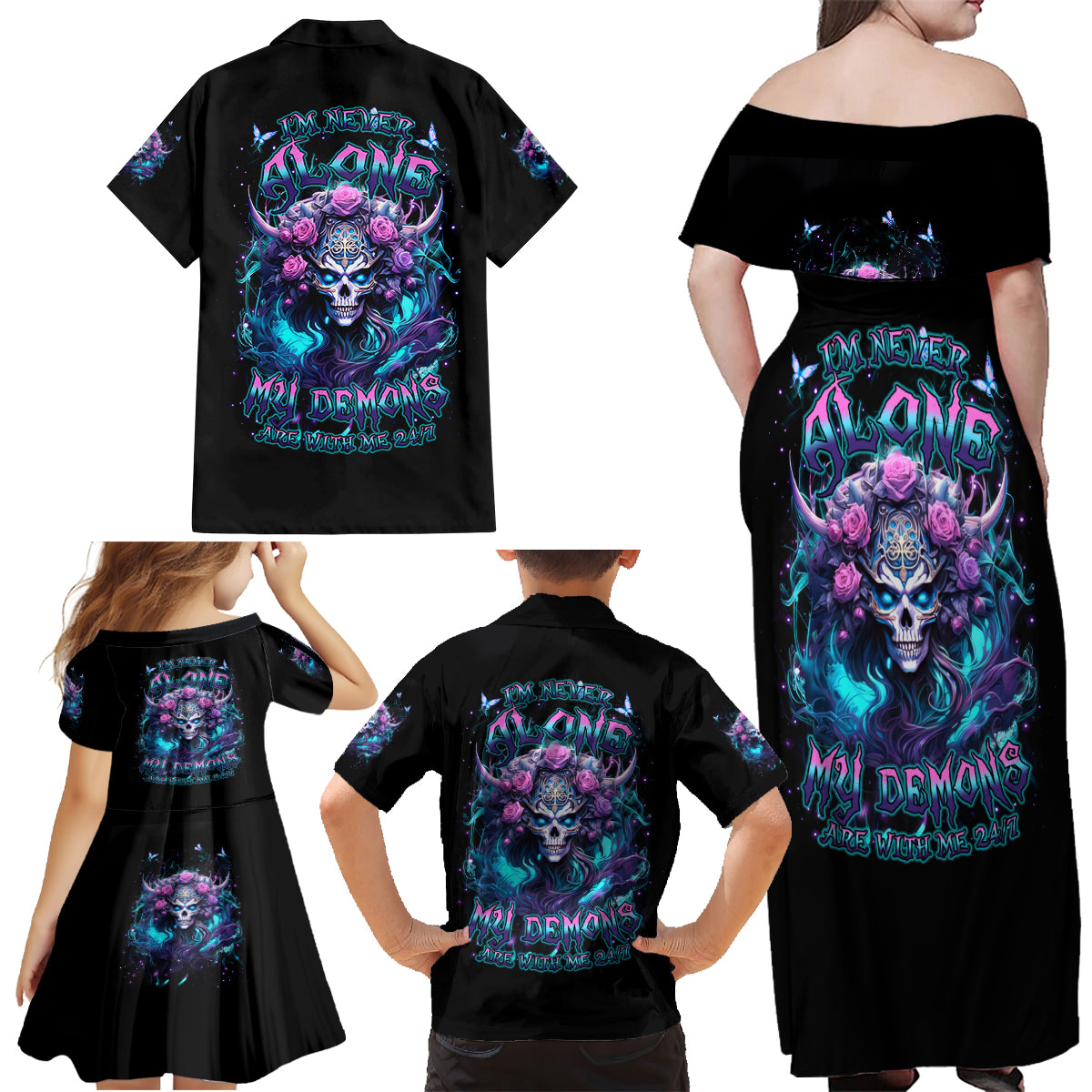 Rose Skull Family Matching Off Shoulder Maxi Dress and Hawaiian Shirt I'm Never Alone My Demons Are With Me 24/7 - Wonder Print Shop