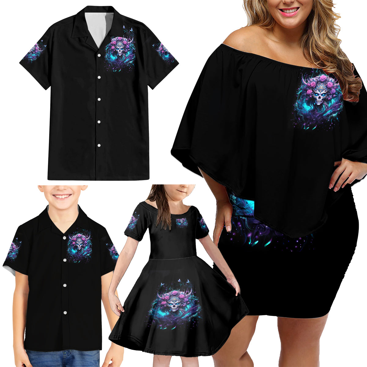 Rose Skull Family Matching Off Shoulder Short Dress and Hawaiian Shirt I'm Never Alone My Demons Are With Me 24/7 - Wonder Print Shop
