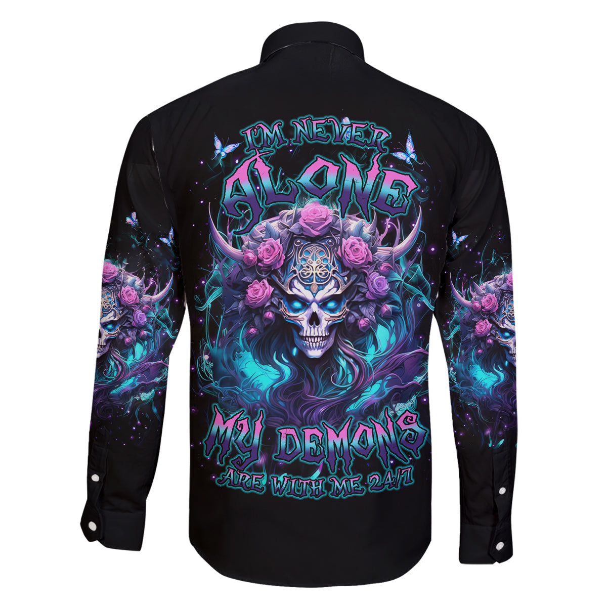Rose Skull Family Matching Off Shoulder Short Dress and Hawaiian Shirt I'm Never Alone My Demons Are With Me 24/7 - Wonder Print Shop